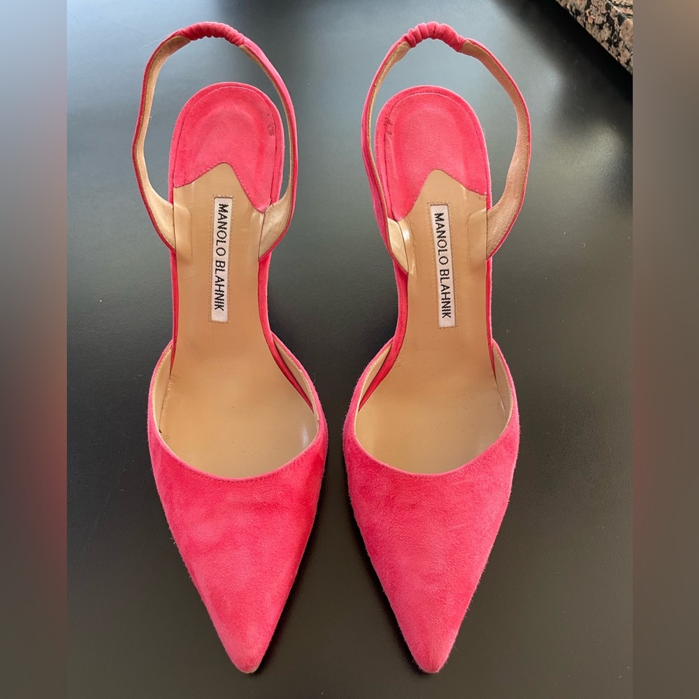Manolo Blahnik pink suede, sling back pumps. Size 39 EU, 9.5 US.